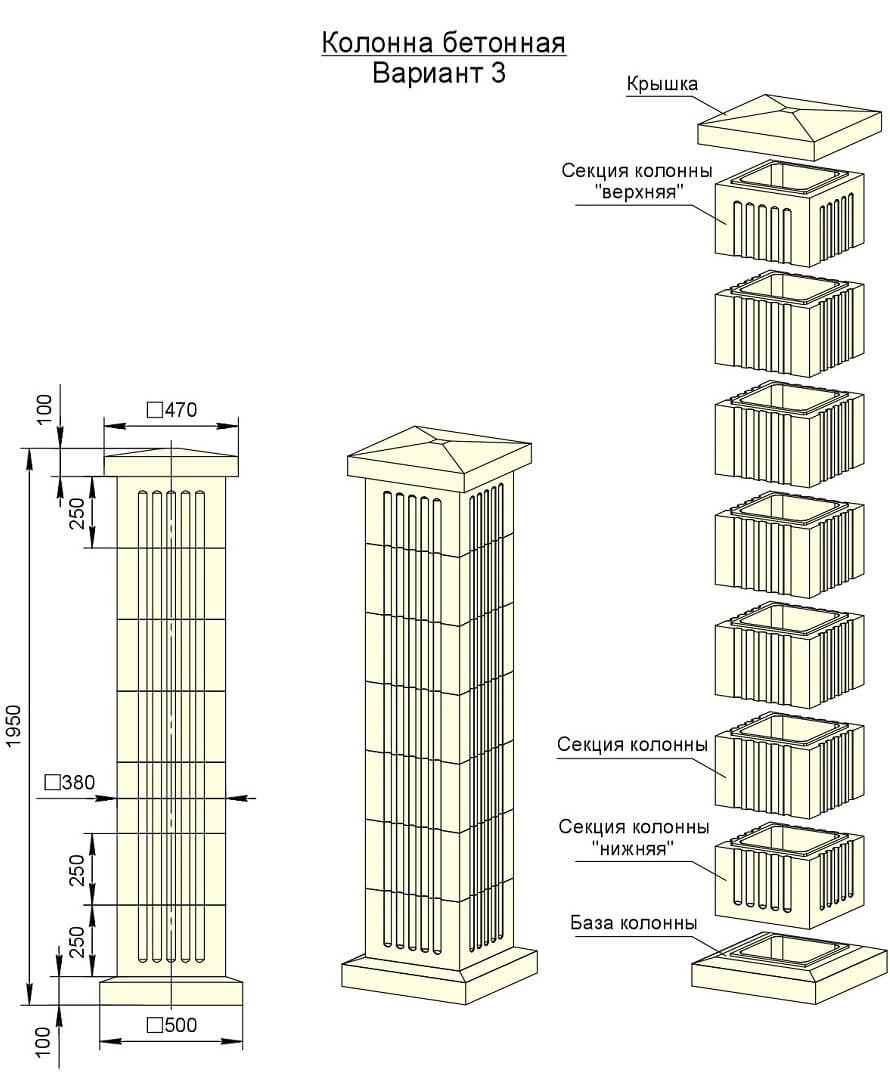 Столб из заборных бетонных блоков вариант  3